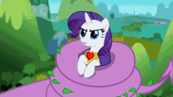 Size: 360x202 | Tagged: safe, derpibooru import, screencap, rarity, spike, dragon, pony, unicorn, secret of my excess, animated, coils, female, fire ruby, frown, gif, glare, holding a pony, male, mare, spikezilla, talking, wide eyes