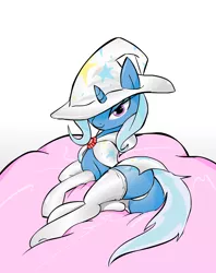 Size: 1666x2103 | Tagged: suggestive, artist:zev, derpibooru import, trixie, pony, unicorn, clothes, female, lidded eyes, looking back, mare, panties, plot, side, smiling, socks, solo, solo female, stockings, underwear