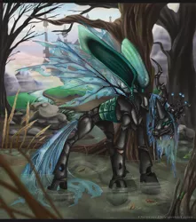 Size: 910x1028 | Tagged: safe, artist:keyfeathers, derpibooru import, queen chrysalis, changeling, changeling queen, alternate design, canterlot, deviantart link, fangs, female, frown, image, jpeg, realistic, scenery, signature, solo, standing, swamp
