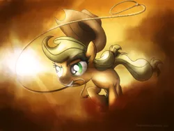 Size: 1024x768 | Tagged: safe, artist:fongsaunder, derpibooru import, applejack, earth pony, pony, abstract background, crepuscular rays, female, grin, lasso, mare, mouth hold, rope, running, smiling, solo