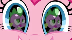 Size: 1000x563 | Tagged: safe, derpibooru import, pinkie pie, spike, dragon, earth pony, pony, close-up, eye, eyes, female, grin, male, mare, pinkiespike, reflection, shipping, smiling, straight