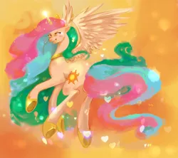 Size: 1900x1688 | Tagged: safe, artist:enigmatia, derpibooru import, princess celestia, alicorn, pony, abstract background, female, grin, lidded eyes, looking back, mare, rear view, smiling, solo