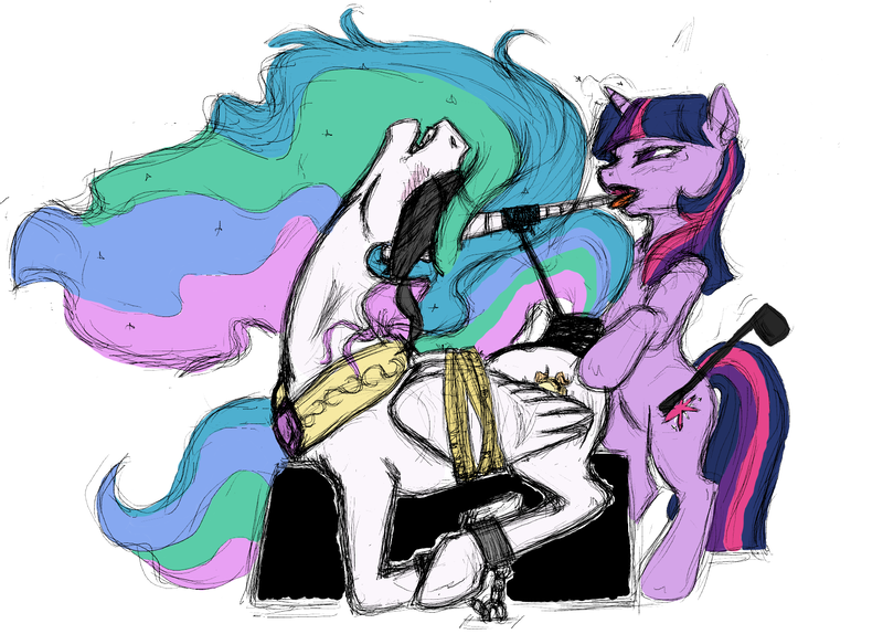 Size: 1618x1160 | Tagged: questionable, artist:bri-sta, derpibooru import, princess celestia, twilight sparkle, alicorn, pony, unicorn, bedroom eyes, bipedal, blindfold, blushing, bondage, bondage furniture, bound wings, butt grab, colored, cuffs, domination, dominatrix, female, femsub, grope, horn ring, hornjob, lesbian, magic, magic suppression, manacles, mare, open mouth, prone, riding crop, rope, shipping, simple background, sketch, strap, sublestia, submissive, telekinesis, tied up, tongue out, twidom, twilestia, white background, wooden horse