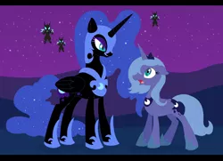 Size: 1304x944 | Tagged: safe, artist:thegamblehorse, deleted from derpibooru, derpibooru import, nightmare moon, princess luna, alicorn, changeling, pony, disguise, disguised changeling, female, grin, impostor, mare, night, s1 luna, shocked, smiling