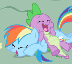 Size: 400x355 | Tagged: safe, derpibooru import, screencap, rainbow dash, spike, dragon, pegasus, pony, friendship is magic, animated, duo, eyes closed, female, gif, laughing, male, mare
