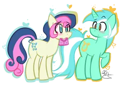 Size: 700x500 | Tagged: dead source, safe, artist:strobo-pop, derpibooru import, bon bon, lyra heartstrings, sweetie drops, earth pony, pony, unicorn, blushing, confused, eye contact, female, heart, lesbian, love letter, lyrabon, mare, mouth hold, shipping, simple background