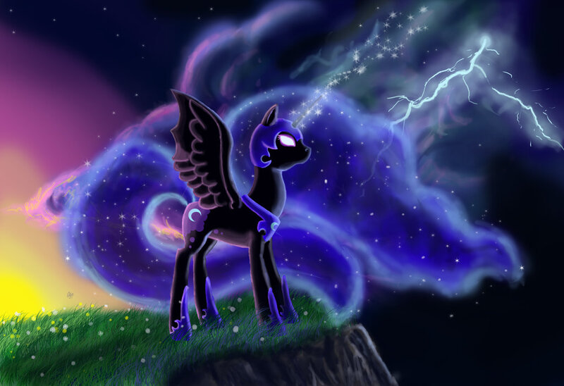 Size: 1024x701 | Tagged: safe, artist:sylverwind-wolfenkin, derpibooru import, nightmare moon, alicorn, pony, cliff, female, glowing eyes, lightning, mare, profile, solo