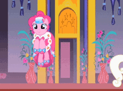 Size: 350x260 | Tagged: safe, derpibooru import, screencap, pinkie pie, earth pony, pony, the best night ever, animated, bouncing, clothes, cute, diapinkes, dress, excited, female, gala dress, gif, grin, horses doing horse things, it's coming right at us, mare, pinkie bounce, ponk, pronking, smiling, solo