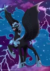 Size: 1024x1448 | Tagged: safe, artist:baby-blue-bell, derpibooru import, nightmare moon, alicorn, pony, female, lightning, mare, open mouth, raised hoof, solo, spread wings, wings