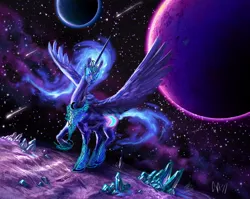 Size: 800x636 | Tagged: safe, artist:psychohazard, derpibooru import, nightmare moon, alicorn, pony, ethereal mane, female, glowing eyes, mare, space, spread wings, wings