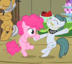 Size: 416x366 | Tagged: safe, derpibooru import, screencap, cloudy quartz, igneous rock pie, pinkie pie, earth pony, pony, the cutie mark chronicles, animated, bipedal, cropped, dancing, female, filly, filly pinkie pie, foal, gif, male, mare, party, pie family, stallion, younger