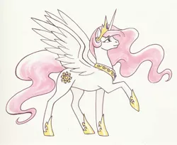 Size: 2040x1664 | Tagged: safe, artist:valkyrie-girl, derpibooru import, princess celestia, alicorn, pony, female, mare, pink hair, pink-mane celestia, raised hoof, simple background, solo, traditional art, white background