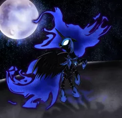 Size: 1259x1226 | Tagged: safe, artist:myhysteria, derpibooru import, nightmare moon, alicorn, pony, armor, female, glowing eyes, grin, looking back, mare, moon, rearing, smiling, solo