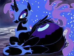 Size: 1024x768 | Tagged: dead source, suggestive, artist:sunibee, derpibooru import, nightmare moon, alicorn, pony, blushing, dock, embarrassed, female, frown, looking at you, looking back, mare, moon, nightmare moonbutt, plot, side, solo, solo female, stupid sexy nightmare moon, the ass was fat, underhoof