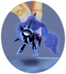 Size: 654x736 | Tagged: safe, artist:zymonasyh, derpibooru import, nightmare moon, alicorn, human, pony, angry, female, hand, holding a pony, in goliath's palm, mare, micro, solo focus