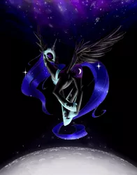 Size: 941x1200 | Tagged: safe, artist:naboolars, derpibooru import, nightmare moon, alicorn, pony, the moon rises, ethereal mane, eyes closed, female, looking back, mare, moon, solo, spread wings, starry mane, wings