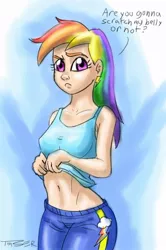 Size: 540x814 | Tagged: artist:pluckyninja, belly button, bellyrubs, clothes, derpibooru import, female, frown, human, humanized, looking at you, midriff, rainbow dash, safe, shirt, shirt lift, solo, tanktop