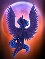 Size: 900x1170 | Tagged: safe, artist:sensum, artist:weresquirrel94, derpibooru import, princess luna, alicorn, pony, backlighting, female, flying, mare, moon, perspective, pose, red, s1 luna, solo, spread wings, wings