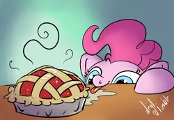 Size: 1280x882 | Tagged: safe, artist:atryl, derpibooru import, pinkie pie, earth pony, pony, drool, female, gradient background, mare, pie, solo, soon, tongue out, want