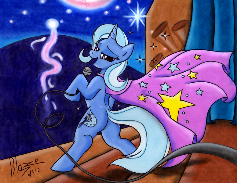 Size: 1200x928 | Tagged: safe, artist:blazelupine, derpibooru import, trixie, pony, unicorn, bipedal, cape, clothes, female, fireworks, lidded eyes, looking back, mare, microphone, night, outdoors, plot, smiling, stage