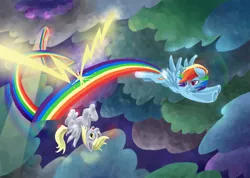 Size: 900x641 | Tagged: safe, artist:ladyponies, artist:leavingcrow, derpibooru import, derpy hooves, rainbow dash, pegasus, pony, cloud, cloudy, duo, duo female, female, flying, lightning, mare, rainbow trail, upside down