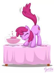 Size: 749x1000 | Tagged: safe, artist:mysticalpha, derpibooru import, berry punch, berryshine, earth pony, pony, ass up, berrybetes, cute, eyes closed, female, mare, punch bowl, solo, table, tail wag