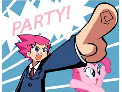 Size: 500x375 | Tagged: safe, derpibooru import, pinkie pie, earth pony, human, pony, abstract background, ace attorney, declarative finger, duo, female, male, mare, party, phoenix wright, pointing, yay