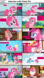 Size: 1282x2234 | Tagged: safe, derpibooru import, screencap, fluttershy, pinkie pie, princess celestia, rainbow dash, twilight sparkle, alicorn, earth pony, pegasus, pony, unicorn, comic:celestia's servant interview, cake, caption, comic, female, food, interview, mare, whipped cream