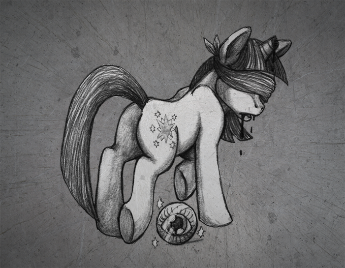 Size: 701x545 | Tagged: semi-grimdark, artist:aisu-isme, derpibooru import, twilight sparkle, pony, unicorn, bleeding, blindfold, blood, broken horn, creepy ponies, eyeball, female, grayscale, mare, monochrome, solo