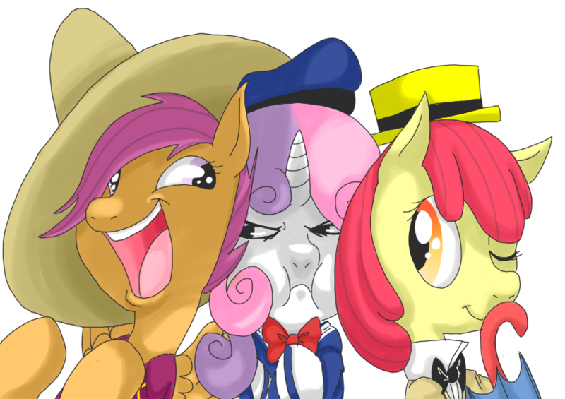 Size: 850x600 | Tagged: safe, artist:wolfytails, derpibooru import, apple bloom, scootaloo, sweetie belle, earth pony, pegasus, pony, unicorn, angry, clothes, cosplay, costume, cutie mark crusaders, donald duck, female, filly, hat, jose carioca, panchito pistoles, pixiv, sombrero, sweetie belle is not amused, the three caballeros, unamused