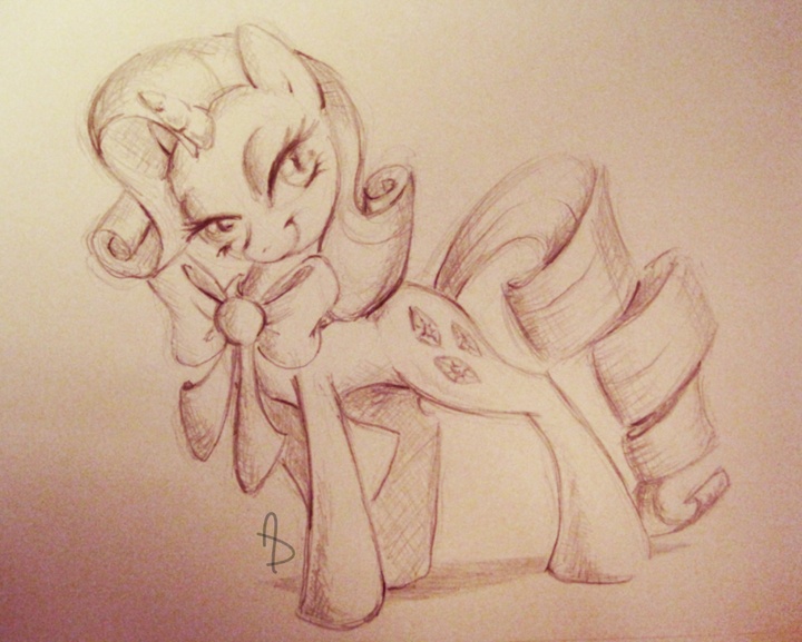 Size: 720x577 | Tagged: safe, artist:littletiger488, derpibooru import, rarity, pony, unicorn, beautiful, bedroom eyes, bow, female, lidded eyes, mare, monochrome, photoshop, seductive pose, sepia, smiling, solo, traditional art