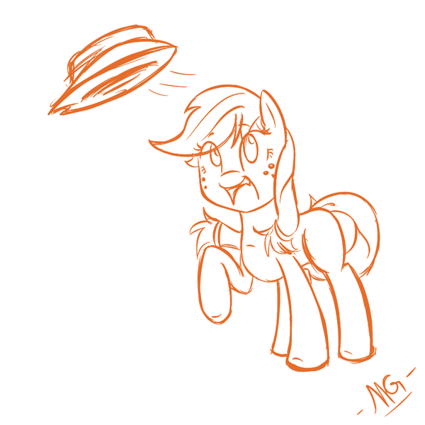 Size: 900x900 | Tagged: safe, artist:microgrid, derpibooru import, applejack, earth pony, pony, female, hat, mare, monochrome, raised hoof, solo, wind