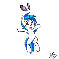 Size: 900x900 | Tagged: safe, artist:microgrid, derpibooru import, vinyl scratch, pony, unicorn, female, jumping, mare, simple background, solo, white background