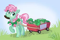 Size: 1199x813 | Tagged: source needed, safe, artist:spiritofamerica, derpibooru import, minty, earth pony, pony, cart, cookie, female, filly guides, food, g3, g3 to g4, generation leap, mare, mouth hold, pulling, raised hoof, solo