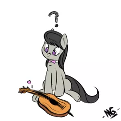 Size: 900x900 | Tagged: safe, artist:microgrid, derpibooru import, octavia melody, earth pony, pony, female, guitar, head tilt, mare, no pupils, question mark, simple background, sitting, solo, white background