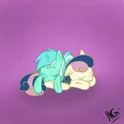 Size: 900x900 | Tagged: safe, artist:microgrid, derpibooru import, bon bon, lyra heartstrings, sweetie drops, earth pony, pony, unicorn, female, gradient background, lesbian, lyrabon, mare, pony pile, prone, shipping, sleeping, smiling