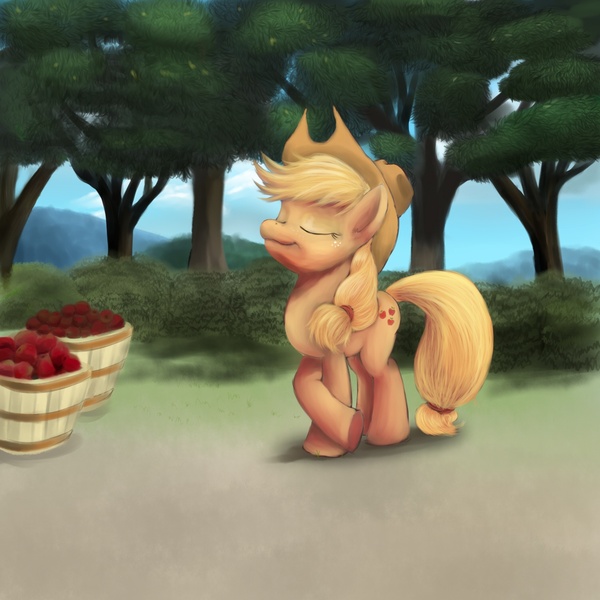 Size: 1500x1500 | Tagged: safe, artist:tres-apples, derpibooru import, applejack, earth pony, pony, apple, crossed hooves, eyes closed, female, food, mare, smiling, solo, tree