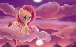 Size: 3500x2172 | Tagged: dead source, safe, artist:iamthecowboysmuggler, derpibooru import, fluttershy, pegasus, pony, cloud, cloudy, cutie mark, female, high res, hooves, lying on a cloud, mare, moon, mountain, mountain range, on a cloud, paint tool sai, prone, solo, wings