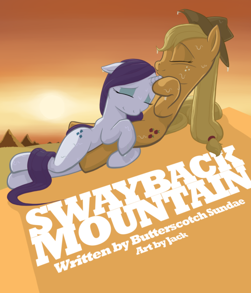 Size: 2400x2800 | Tagged: suggestive, artist:jakneurotic, derpibooru import, applejack, rarity, earth pony, pony, unicorn, fanfic, brokeback mountain, cuddling, eyes closed, fanfic art, fanfic cover, female, high res, hug, lesbian, mare, parody, rarijack, shipping, side, sitting, smiling, snuggling, sweat, wet, wet mane, wet mane rarity