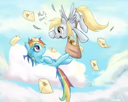 Size: 1500x1200 | Tagged: safe, artist:balderdashington, derpibooru import, derpy hooves, rainbow dash, pegasus, pony, cloud, duo, duo female, female, letter, looking at each other, mail, mailbag, mare, on back