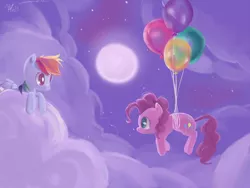 Size: 2600x1950 | Tagged: dead source, safe, artist:iamthecowboysmuggler, derpibooru import, pinkie pie, rainbow dash, earth pony, pegasus, pony, balloon, cloud, cloudy, cute, cutie mark, eye contact, female, floating, flying, full moon, hooves, lesbian, looking at each other, lying on a cloud, mare, moon, night, night sky, on a cloud, paint tool sai, pinkiedash, prone, shipping, sky, stars, then watch her balloons lift her up to the sky, wings
