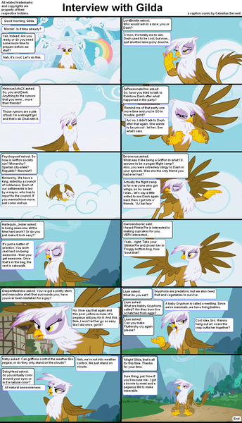 Size: 1282x2234 | Tagged: safe, derpibooru import, screencap, gilda, gryphon, comic:celestia's servant interview, caption, comic, interview, solo