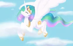 Size: 960x600 | Tagged: safe, artist:greygnu, derpibooru import, princess celestia, alicorn, pony, eyes closed, female, flying, happy, mare, sky, solo