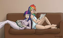 Size: 1108x670 | Tagged: safe, artist:gonzahermeg, derpibooru import, rainbow dash, twilight sparkle, human, back to back, book, couch, ear piercing, earring, female, humanized, jewelry, lesbian, piercing, reading, shipping, twidash