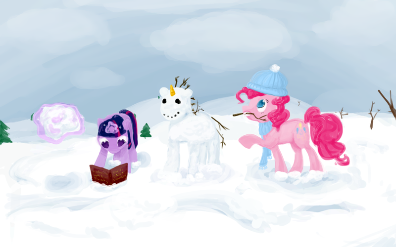 Size: 1280x800 | Tagged: safe, artist:greygnu, derpibooru import, pinkie pie, twilight sparkle, earth pony, pony, unicorn, book, carrot, female, food, mare, mouth hold, photoshop, snow, snowmare, unicorn twilight