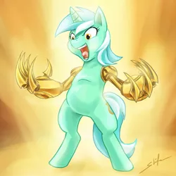 Size: 800x800 | Tagged: safe, artist:slifertheskydragon, derpibooru import, lyra heartstrings, cyborg, pony, unicorn, amputee, artificial hands, augmented, bipedal, claws, female, hand, implied amputation, mare, metal claws, prosthetic arm, prosthetic limb, prosthetics, solo, that pony sure does love hands