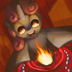 Size: 1575x1575 | Tagged: safe, artist:docwario, derpibooru import, sweetie belle, pony, unicorn, arson, female, filly, fire, pyro belle, pyrokinesis, pyromaniac, smiling, solo, story included