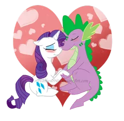 Size: 900x876 | Tagged: safe, artist:peachescw, derpibooru import, ponibooru import, rarity, spike, dragon, pony, unicorn, abstract background, blushing, female, floppy ears, heart, interspecies, male, mare, shipping, sitting, sparity, spikelove, straight, watermark