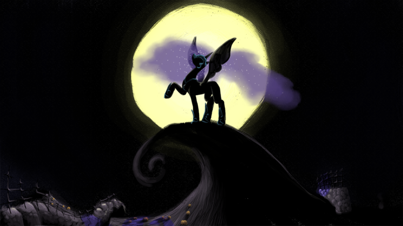 Size: 1067x600 | Tagged: safe, artist:greygnu, derpibooru import, nightmare moon, alicorn, pony, backlighting, crossover, female, mare, moon, parody, photoshop, solo, the nightmare before christmas, tim burton