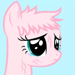 Size: 1600x1600 | Tagged: safe, artist:mixermike622, derpibooru import, oc, oc:fluffle puff, unofficial characters only, earth pony, original species, pony, alternate hairstyle, crying, female, frown, mare, sad, shaved, simple background, solo